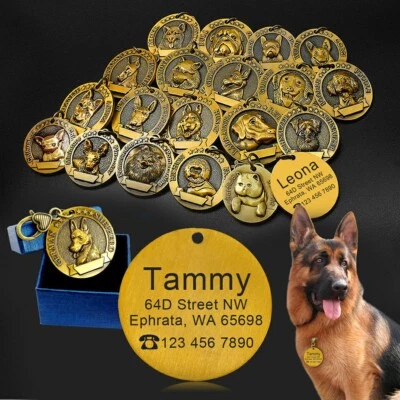 Personalised 3D Dog Tags Engraved Name Number Address 20 Dog Breeds Discs Gold - Image 1 of 4