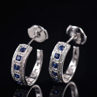Aretes tipo argolla de zafiros de diamantes naturales de oro blanco sólido de 14K Foto 1 de 4