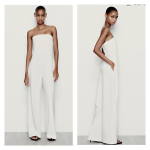 NWT Zara Women's Strapless Wide Leg Jumpsuit Bridal Blogger Favorite White Sz M