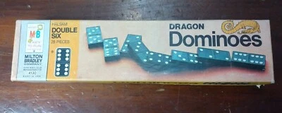 VINTAGE 1970 MILTON BRADLEY DRAGON DOUBLE SIX WOODEN DOMINOS GAME - Image 1 of 4