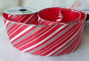 2 Rolls Wire Edge Ribbon 2.5 "x 9Ft, Sparkle Striped Ribbon RedSilverWhite #537 - Picture 1 of 4