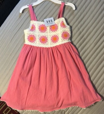 Vestido Haute Hippie Niña Talla 7 Crochet Rosa Floral Sin Mangas Verano Solero Foto 1 de 4