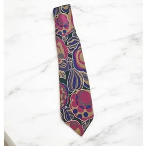 Corbata de diseñador vintage 100 % seda abstracta con estampado floral azul marino rosa tostado - Imagen 1 de 3