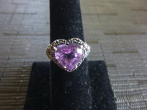  SOLID .925 STERLING PINK TOURMALINE HEART STONE w/MARCASITE SETTING RING 6.75 - Picture 1 of 3