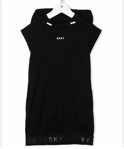 Girls black cotton jersey dress by DKNY with a black logo trim hem Size 14 Years - Picture 1 of 4