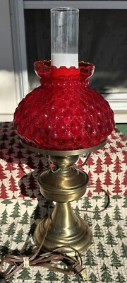 Antique Ruby Quilted Diamond Shade & Brass Electrified (Oil) Lamp - Image 1 of 4