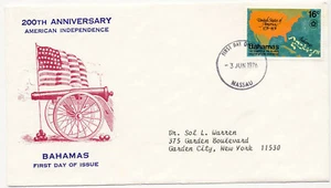 Cubierta del primer día de las Bahamas 1976 bicentenario americano #392 mapa a EE. UU. - Imagen 1 de 1