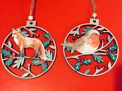 Rustic Wooden Robin & Fox Woodland Animal Door Wall Xmas Tree Hanging Decoration - Image 1 of 4
