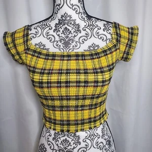 Top corto fruncido pequeño amarillo y negro a cuadros tema caliente - Imagen 1 de 8