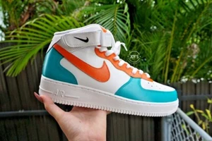Air Force 1 Mid Custom White Shoes "Turquoise Sunset Orange" Mens Womens Kids - Picture 1 of 21
