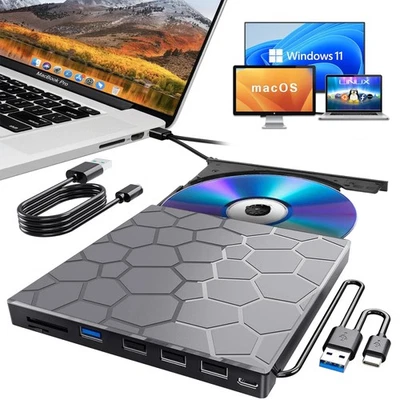 8 in 1 Externes CD/DVD Laufwerk USB-3.0 Type-C Brenner Player Für Windows 11 - Bild 1 von 4