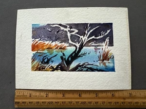 ARTIST SIGNED WINTER TREE & LAKE SCENE PAINTING VINTAGE - Picture 1 of 5