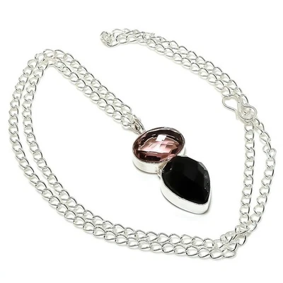 Collana In Argento Sterling 925 Con Gemme Di Spinello Nero E Ametista 18" - Immagine 1 di 4