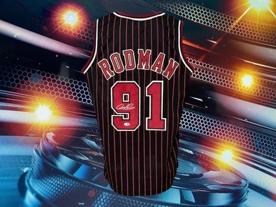 DENNIS RODMAN AUTOGRAPHED CUSTOM CHICAGO BULLS BLACK PINSTRIPE JERSEY COA JSA - Image 1 of 3