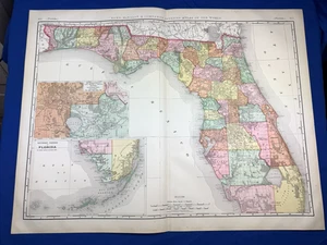 1898 Map FLORIDA Rand McNally 28" x 21.5" Colored Counties, KEYS, South Florida - Picture 1 of 23