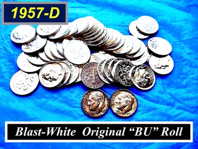 GEM  1957-D "BU" Dimes Roll ➫ MONSTER TONED End Coins ➫ Mint Luster ➫ R357d - Image 1 of 4