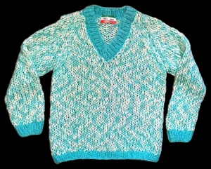Vtg Tam Italia Sweater Women's Turquoise/Ivroy Mohair Wool Italy Handknit 36Bust - Picture 1 of 8