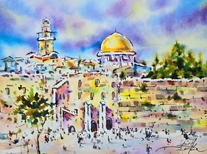 Original watercolor painting Jerusalem architecture art Ciryscape art 9"x12" - Picture 1 of 2