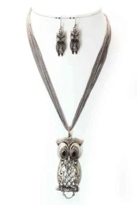 Eule und Kristall Ohrstecker brüniert Gelbgold vergoldet Kordeln Halskette und Ohrring Set - Bild 1 von 2