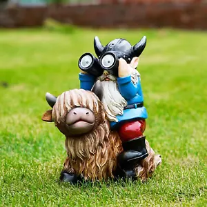 Garden Gnome Statues Resin Gnome Sitting on Highland Cow Solar Lights Outdoor... - Picture 1 of 1