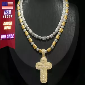 Iced Out Tennis Chain Cross Pendant Hip Hop Necklace CZ Luxury Men Love Gift New - Picture 1 of 10
