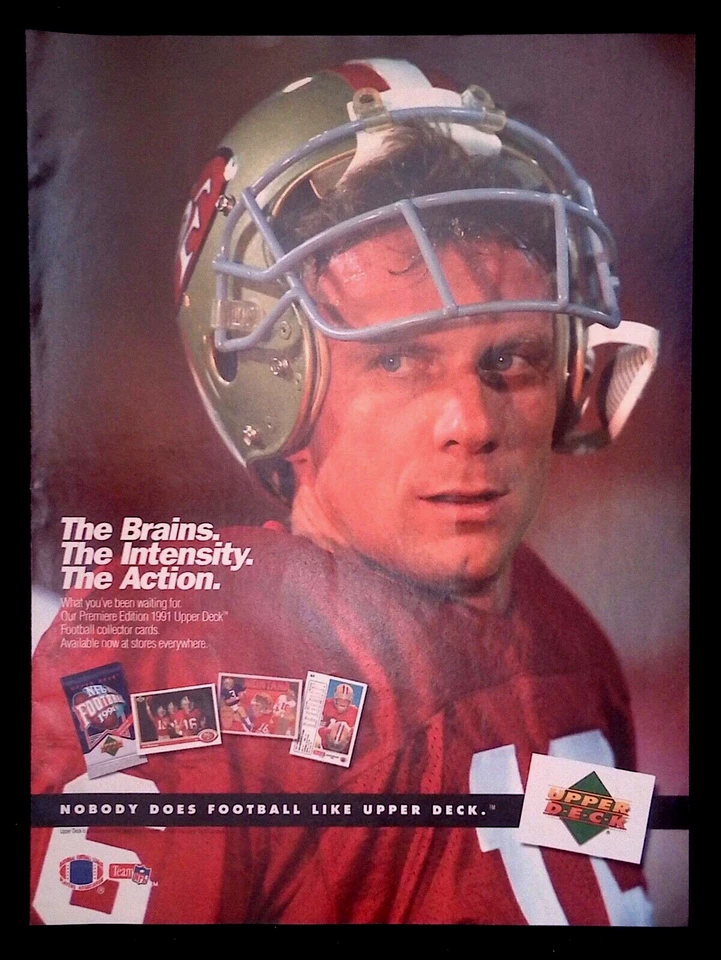 1991 Upper Deck Fútbol Vintage Joe Montana Anuncio "The Brains. La intensidad..." Foto 1 de 1