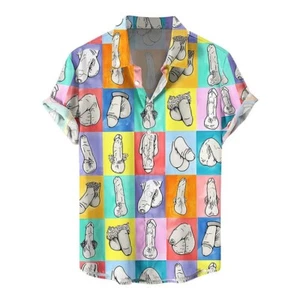 Mens Button Down Shirts Funny Penis Printed Hawaiian Tops Novelty Ugly Gag Gifts - Picture 1 of 26