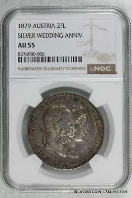 NGC AU55 1879 AUSTRIA 2 FLORIN SILVER FRANZ JOSEPH JUBILEE WEDDING ANNIVERSARY - Image 1 of 2