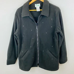 Quacker Factory Fleece Jacket Womens Medium Full Zip Embellished Black VTG - Picture 1 of 3