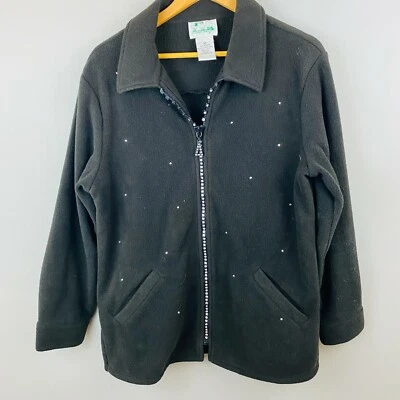 Quacker Factory Fleece Jacket Womens Medium Full Zip Embellished Black VTG - Image 1 of 3