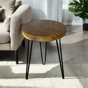 Mesa auxiliar redonda de madera de teca natural con patas de horquilla 21" H decoración del hogar - Imagen 1 de 15