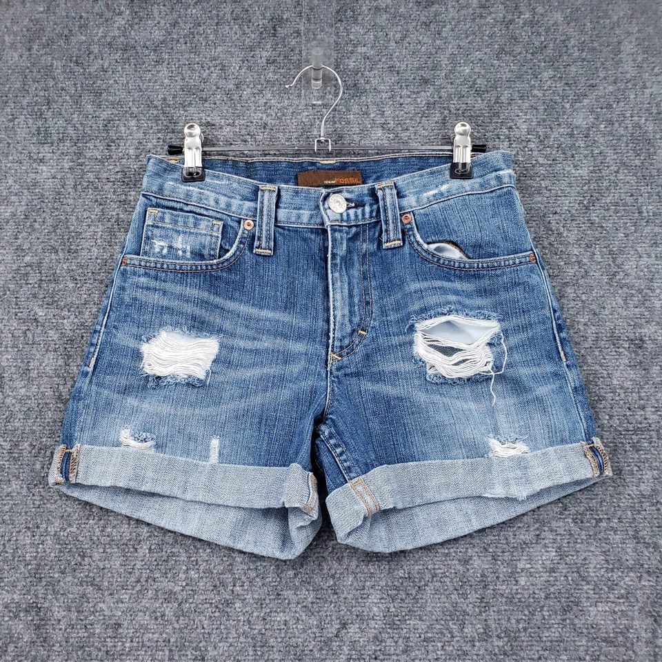 Pantalones Cortos Fossil Genuinos Para Mujer 27 Azul Tiro Medio Denim Envejecido Puños Calientes Pantalones Foto 1 de 4