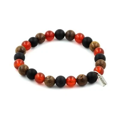 Steine Und Minéraux. Armband Perlen Achat Rot + Schwarz Onyx Matt + Holz 8 Mm. F - Bild 1 von 3