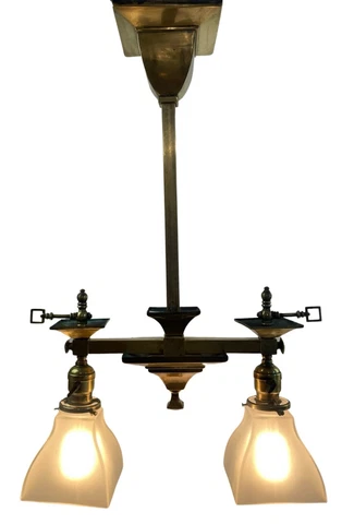 Antique Vintage c1905 Craftsman Brass Gas Electric 2-Light Pendant Restored Cover