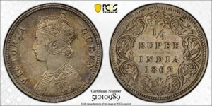 1862-(C) India 1/4 Rupee PCGS AU58 Lot#G142 Silver! SW-4.130 - Picture 1 of 4
