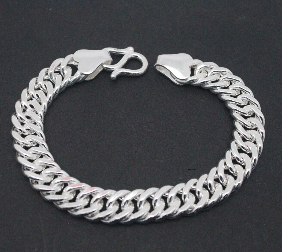 Pure 999 Fine Silver Chain Men 11mm Smooth Cuban Curb Link Bracelet 47.7g/8.2in - Image 1 of 4
