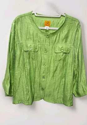 Ruby Rd Button Up Women’s Blazer Top Lime Green Crinkle Metallic Plus Size 20W  - Image 1 of 4