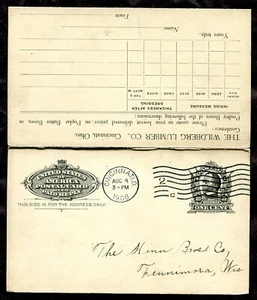 USA Cincinnati 1908 Sherman Postal Card with Reply. Wildberg Lumber ADVERTISING - Picture 1 of 4