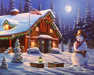 Cowboy Christmas Snowman Western Digital Cotton Fabric Panel 1 Yard #AL5881 - Picture 1 of 2