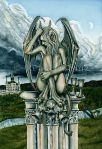 Fantasy Kunst DRUCK Tarotkarte fünf 5 von Tassen Wasserspeier Gothic Schloss grau - Bild 1 von 5