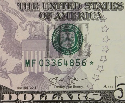 $5 2013 GEM CU Star Federal Reserve Note MF03364856* Atlanta, 320K Run 2, five $ - Image 1 of 3
