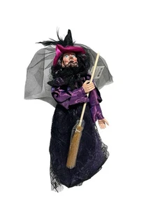 Gerson Hexe Halloween Baumspitze Besen lila schwarz Kleid Hut Puppe 14" Figur - Bild 1 von 10
