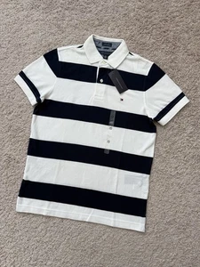 NUEVO CON ETIQUETAS Tommy Hilfiger Para hombres SS Ajuste Personalizado Malla Rayas Polo Blanco/Azul Marino XS - Imagen 1 de 8