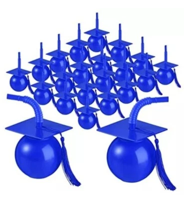 24 Set Graduation Cap Party Cups for Party with Tassels Straws and Lids, Blue - Image 1 of 4