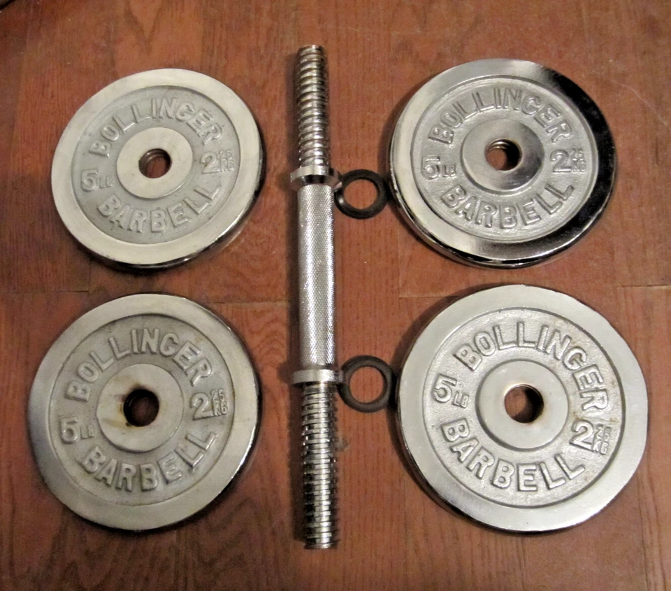 20lb BOLLINGER Barbell (4) 5LB Threaded Weight Plates CHROME with Dumbbell Bar - Image 1 of 4