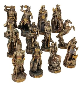 12 Pc 3.5" Norse Gods Mythology Figurine Set Odin Thor Loki Freya Bronze Color - Picture 1 of 5