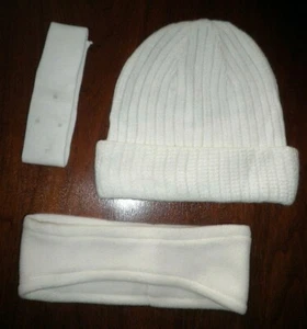 Ladies 3 Piece Set Winter Warm KNIT HAT HEADBAND EARBAND Ivory Loose OSFM EUC - Picture 1 of 2