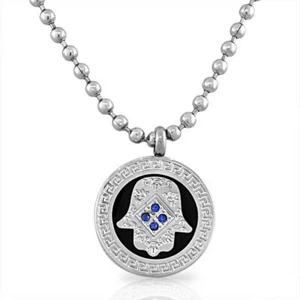 Stainless Steel Black Silver Hamsa Evil Eye Blue Crystals CZ Pendant Necklace - Picture 1 of 3