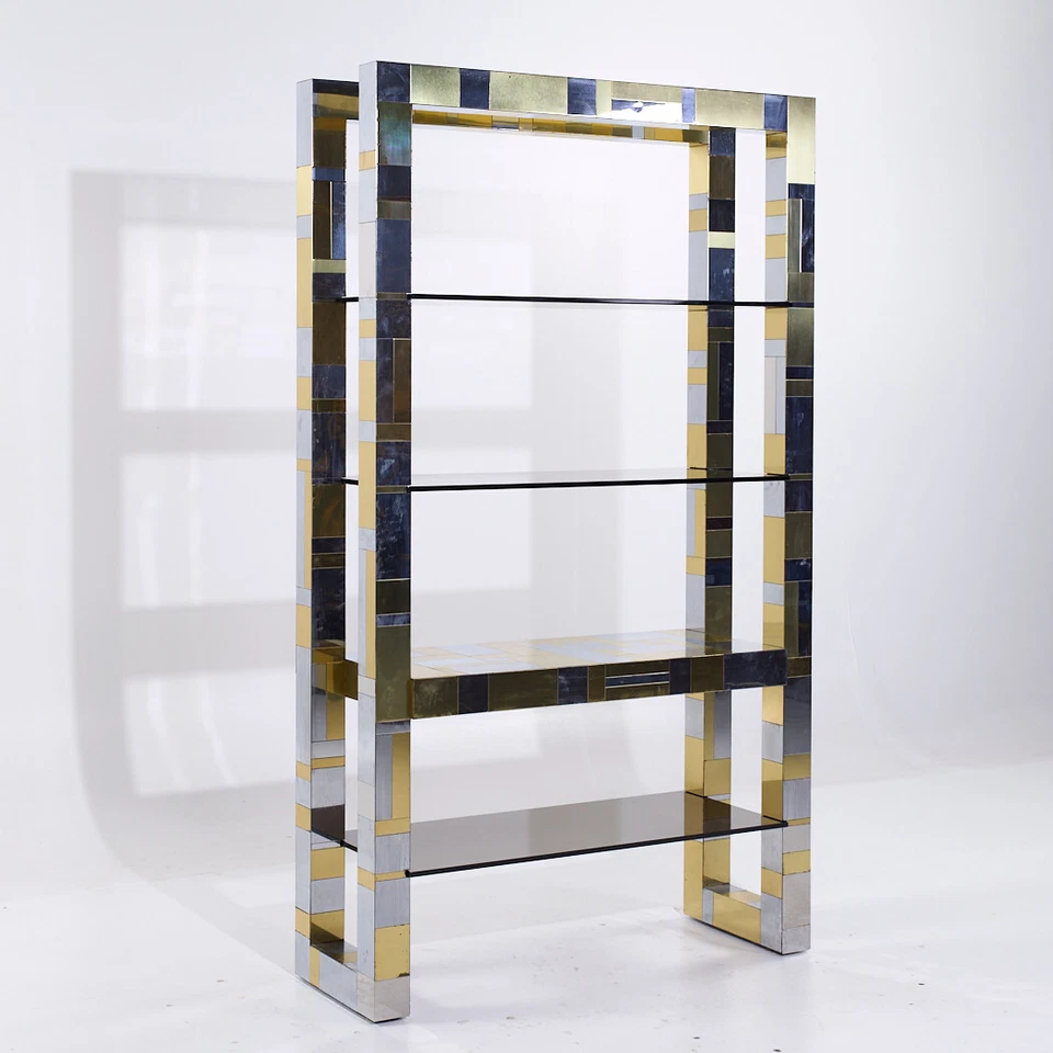 Librería independiente Paul Evans Cityscape Mid Century de latón y cromo Foto 1 de 4