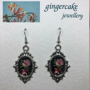 PENDIENTES CAMAFEO PLATA BOTÁNICA PL MONTAJES ESTILO VICTORIANO ROSAS ROSA NEGRO gancho - Imagen 1 de 8